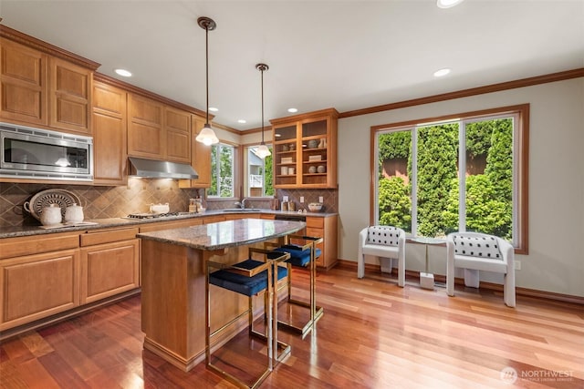 4105 215th St SE, Bothell, WA 98021 - kitchen with stainless steel appliances, under cabinet range hood, crown molding, light wood-style flooring, and tasteful backsplash