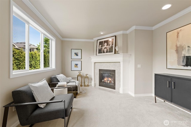 4105 215th St SE, Bothell, WA 98021 - living room featuring carpet, ornamental molding, a fireplace, baseboards, and recessed lighting
