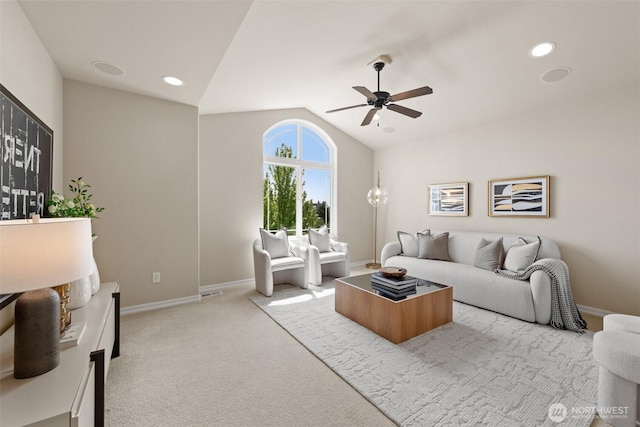 4105 215th St SE, Bothell, WA 98021 - living area featuring vaulted ceiling, a ceiling fan, baseboards, light colored carpet, and recessed lighting