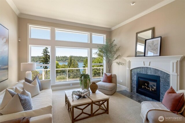 1653 204th Ave NE, Sammamish, WA 98074 - carpeted living room featuring a premium fireplace, crown molding, baseboards, and a water view