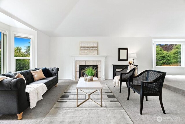 1112 SW 326th Pl, Federal Way, WA 98023 - living area featuring plenty of natural light, vaulted ceiling, carpet floors, and a fireplace