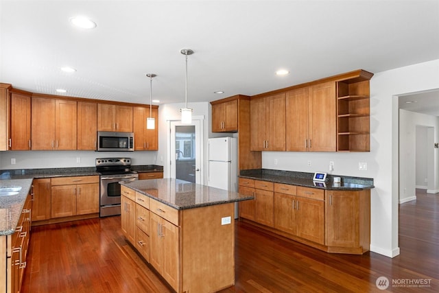 1120 156th Ave SE, Bellevue, WA 98007 - kitchen with appliances with stainless steel finishes, open shelves, dark wood-style floors, and recessed lighting