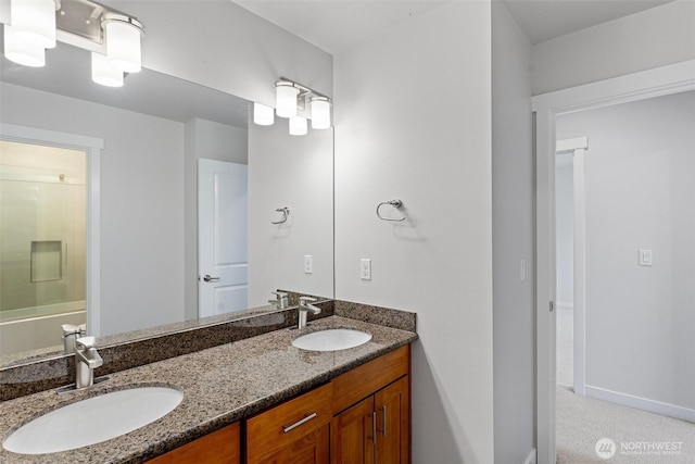1120 156th Ave SE, Bellevue, WA 98007 - full bath featuring double vanity, an enclosed shower, and baseboards