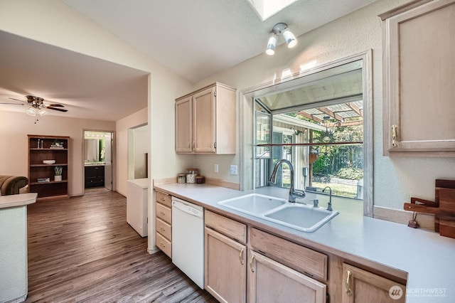 7116 193rd St E, Spanaway, WA 98387 - kitchen featuring dishwasher, light countertops, wood finished floors, open floor plan, and ceiling fan