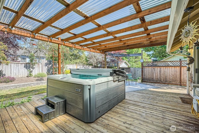 7116 193rd St E, Spanaway, WA 98387 - wooden terrace with a hot tub and a fenced backyard