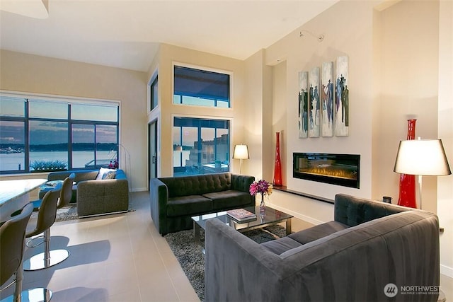 2021 1st Ave Unit G4, Seattle, WA 98121 - living area with a glass covered fireplace, plenty of natural light, and baseboards