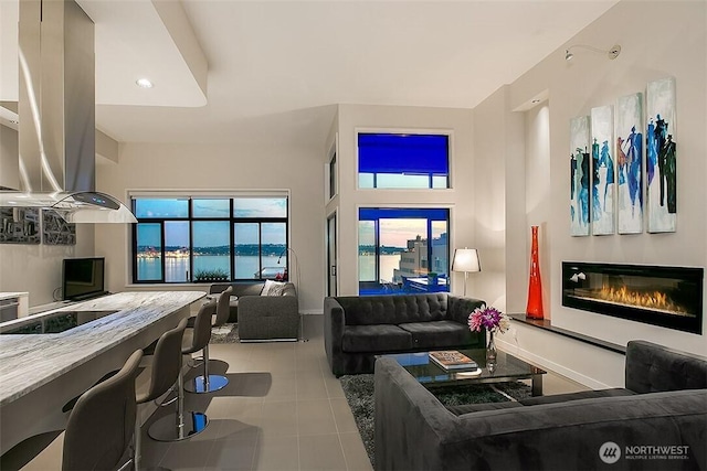 2021 1st Ave Unit G4, Seattle, WA 98121 - tiled living area with a glass covered fireplace and baseboards