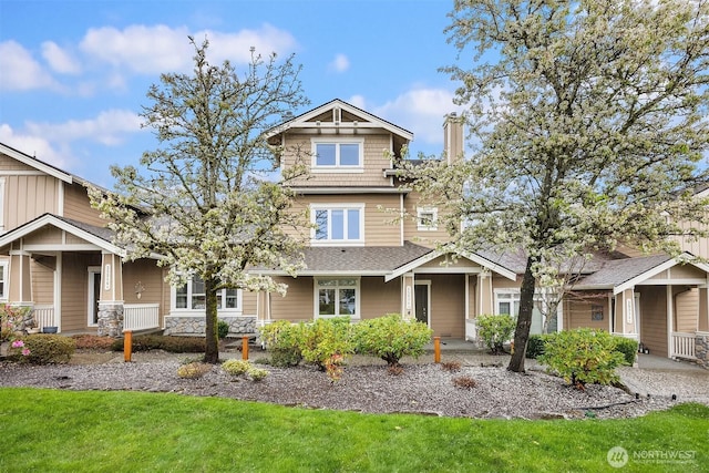 35314 SE Sequoia Pl Unit B, Snoqualmie, WA 98065 - craftsman house with a porch, a chimney, stone siding, and a shingled roof