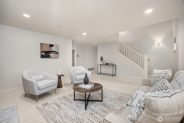 35314 SE Sequoia Pl Unit B, Snoqualmie, WA 98065 - carpeted living room featuring stairway, recessed lighting, and baseboards