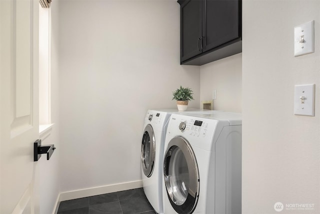 35314 SE Sequoia Pl Unit B, Snoqualmie, WA 98065 - laundry room featuring cabinet space, washer and clothes dryer, baseboards, and dark tile patterned flooring