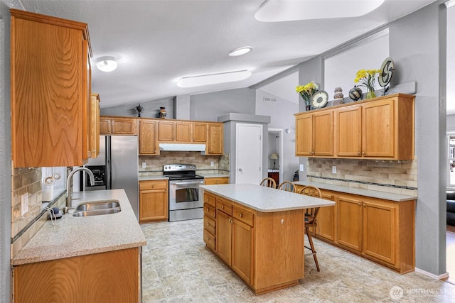 6350 Portal Way Unit 75, Ferndale, WA 98248 - kitchen featuring appliances with stainless steel finishes, under cabinet range hood, lofted ceiling, a sink, and tasteful backsplash