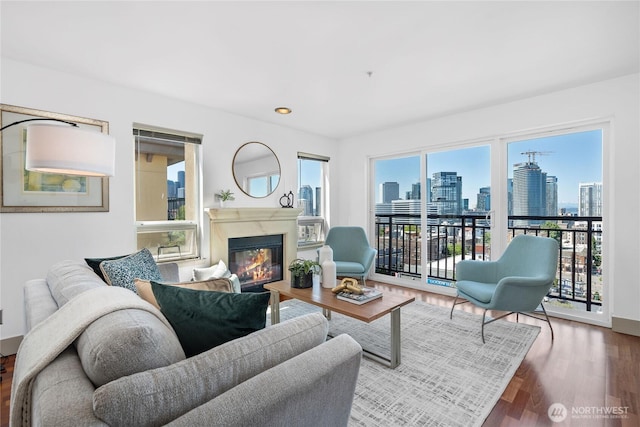 1711 E Olive Way Unit 519, Seattle, WA 98102 - living area with a skyline view, wood finished floors, a fireplace, and recessed lighting
