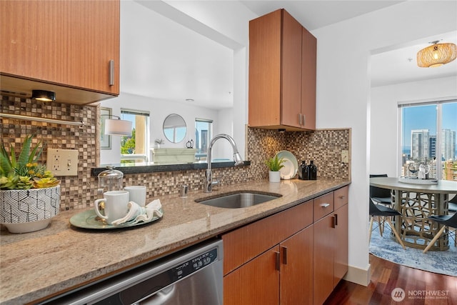 1711 E Olive Way Unit 519, Seattle, WA 98102 - kitchen featuring a sink, dishwasher, dark wood-style floors, light stone counters, and decorative backsplash