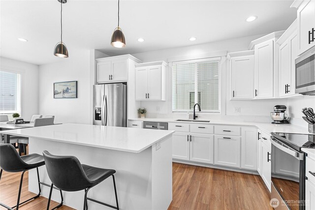 2016 Steelhead Way, Lynden, WA 98264 - kitchen featuring appliances with stainless steel finishes, a sink, a kitchen bar, white cabinetry, and recessed lighting