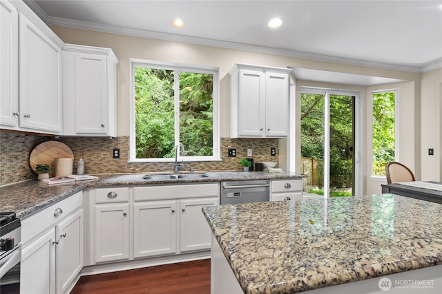 111 170th St SE, Bothell, WA 98012 - kitchen with stainless steel appliances, light stone counters, crown molding, white cabinets, and healthy amount of natural light