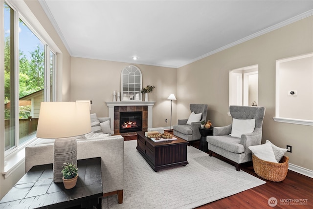 111 170th St SE, Bothell, WA 98012 - living room with wood finished floors, crown molding, and a fireplace