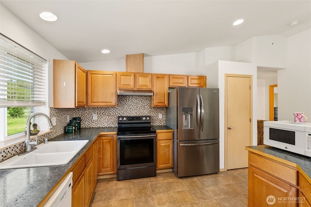 401 Huntting Rd, Silver Creek, WA 98585 - kitchen featuring appliances with stainless steel finishes, a sink, vaulted ceiling, dark countertops, and backsplash