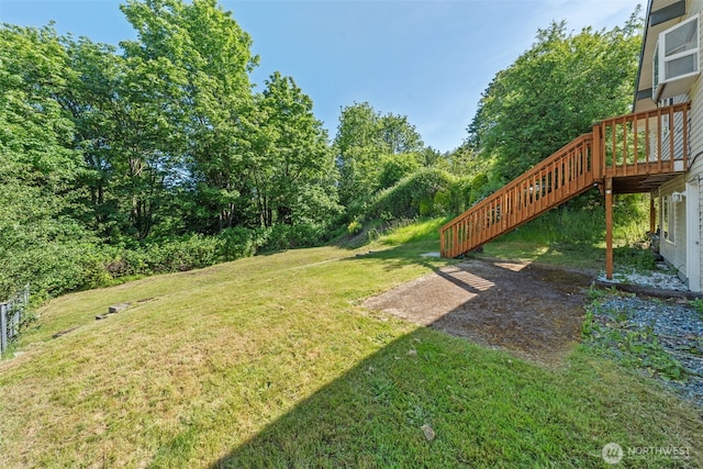 11401 69th Pl S, Seattle, WA 98178 - view of green lawn with stairway and a wooden deck