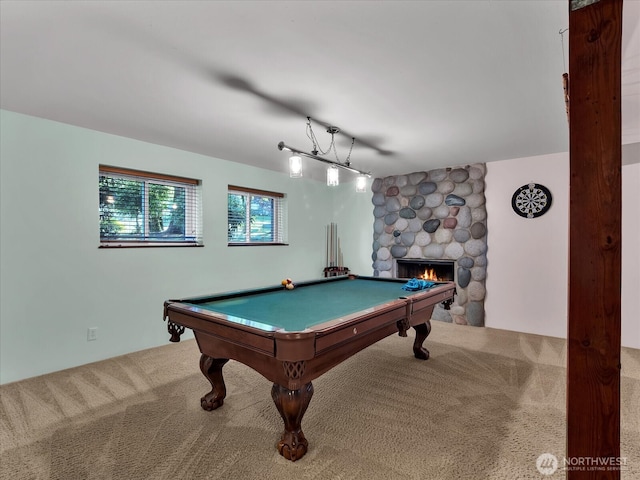 713 220th St SW, Bothell, WA 98021 - rec room featuring carpet flooring, pool table, and a stone fireplace