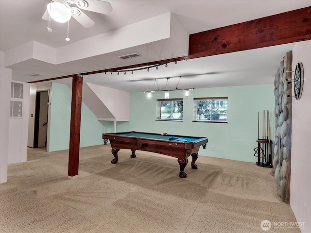 713 220th St SW, Bothell, WA 98021 - game room featuring billiards, carpet, and ceiling fan