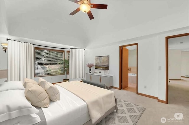 14937 104th Ave NE, Bothell, WA 98011 - bedroom featuring light colored carpet, connected bathroom, vaulted ceiling, baseboards, and a ceiling fan
