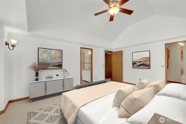 14937 104th Ave NE, Bothell, WA 98011 - bedroom featuring lofted ceiling, ensuite bathroom, light colored carpet, baseboards, and a ceiling fan