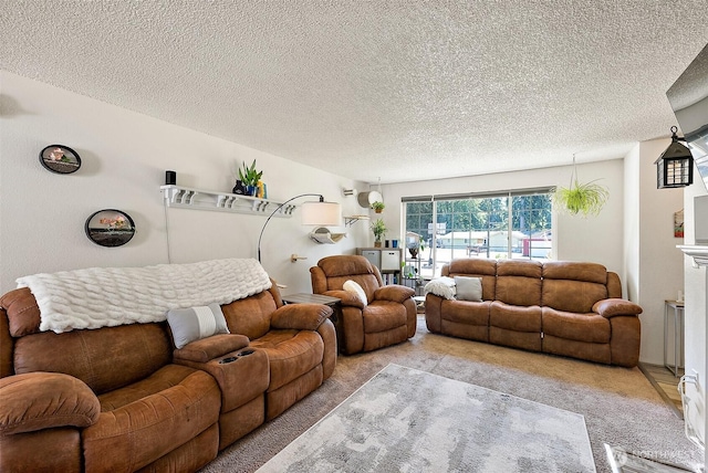 21301 118th Street Ct E, Bonney Lake, WA 98391 - living area with light carpet, a textured ceiling, and a fireplace with raised hearth