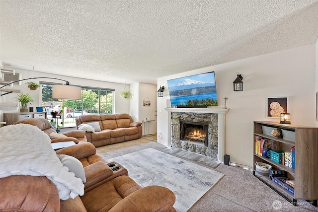 21301 118th Street Ct E, Bonney Lake, WA 98391 - carpeted living room featuring a fireplace and a textured ceiling