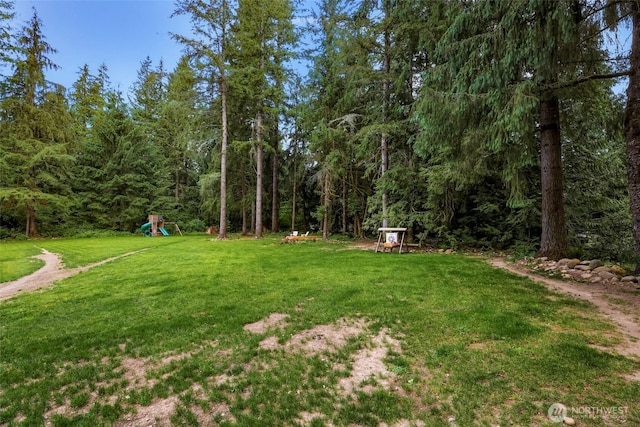 23059 Ida Ln, Sedro Woolley, WA 98284 - view of green lawn with a playground and a forest view