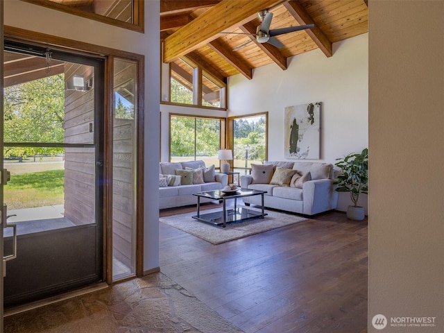 52 W Pheasant Ln, Sequim, WA 98382 - living area with wood ceiling, healthy amount of natural light, a ceiling fan, and hardwood / wood-style floors