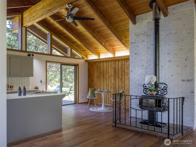 52 W Pheasant Ln, Sequim, WA 98382 - kitchen with dark wood-type flooring, wooden ceiling with exposed beams, light countertops, ceiling fan, and high vaulted ceiling