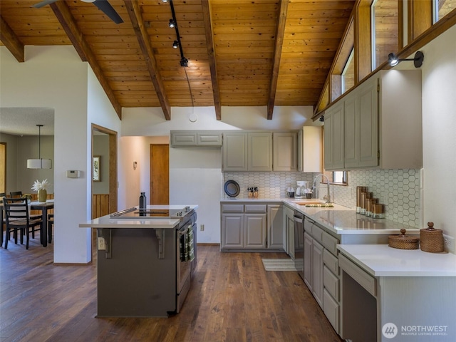 52 W Pheasant Ln, Sequim, WA 98382 - kitchen with a sink, wood ceiling, dark wood finished floors, backsplash, and light countertops