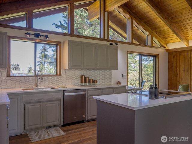 52 W Pheasant Ln, Sequim, WA 98382 - kitchen featuring stainless steel dishwasher, a sink, tasteful backsplash, light countertops, and wooden ceiling