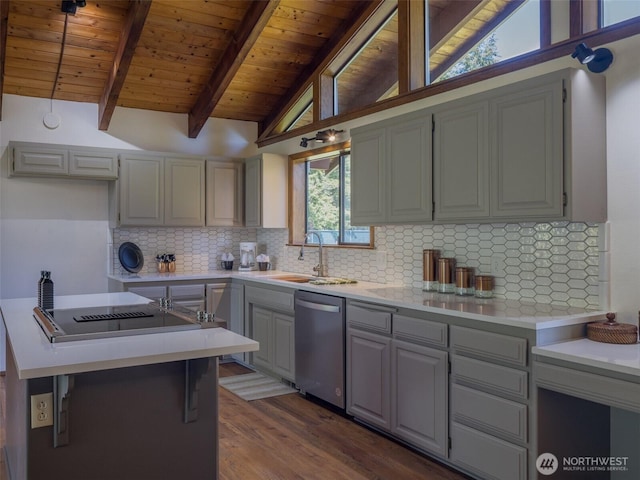 52 W Pheasant Ln, Sequim, WA 98382 - kitchen featuring dishwasher, gray cabinetry, wooden ceiling, black electric stovetop, and a sink