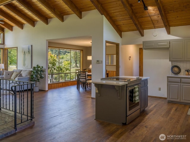 52 W Pheasant Ln, Sequim, WA 98382 - kitchen with wood ceiling with exposed beams, dark wood finished floors, light countertops, open floor plan, and gray cabinets