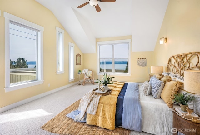 884 Saratoga Way, Camano Island, WA 98282 - carpeted bedroom featuring lofted ceiling, baseboards, and a ceiling fan