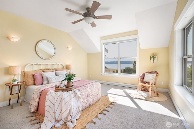884 Saratoga Way, Camano Island, WA 98282 - bedroom featuring carpet, vaulted ceiling, ceiling fan, and baseboards