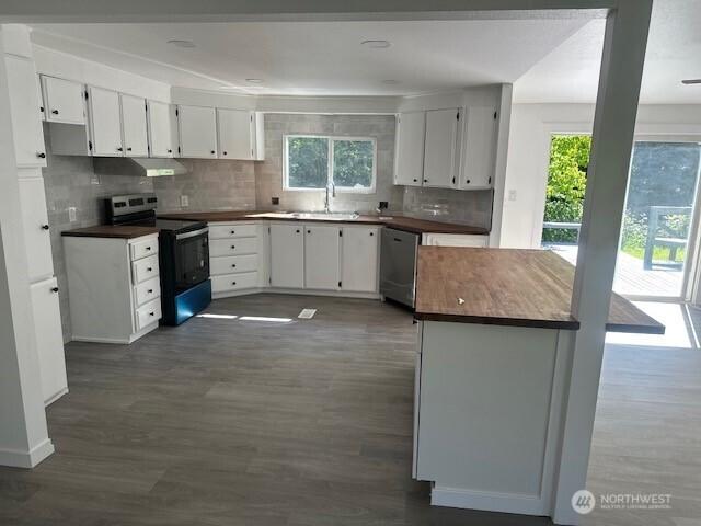 3722 Delphi Rd SW, Olympia, WA 98572 - kitchen featuring appliances with stainless steel finishes, a sink, dark wood-style flooring, and tasteful backsplash