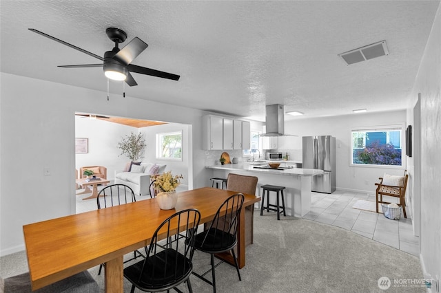 659 NW New York Ave, Chehalis, WA 98532 - dining space with a textured ceiling, plenty of natural light, baseboards, ceiling fan, and light colored carpet