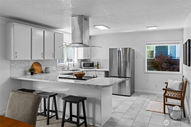 659 NW New York Ave, Chehalis, WA 98532 - kitchen featuring appliances with stainless steel finishes, island exhaust hood, a sink, a peninsula, and backsplash