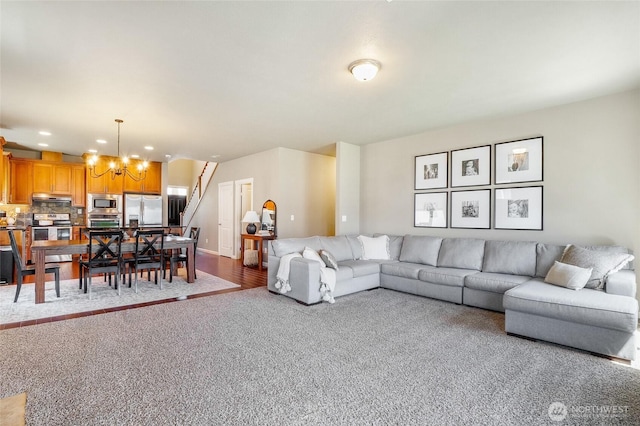 4709 W Fox St, Moses Lake, WA 98837 - living room with a chandelier, carpet flooring, recessed lighting, and baseboards