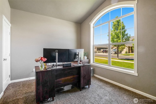 4709 W Fox St, Moses Lake, WA 98837 - office area featuring carpet, baseboards, and vaulted ceiling