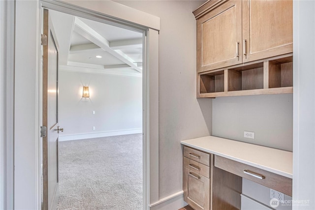 4942 Hurst Landing Rd, Rock Island, WA 98850 - kitchen with carpet flooring, beamed ceiling, coffered ceiling, baseboards, and light countertops