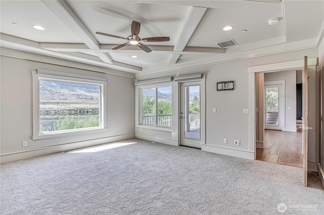 4942 Hurst Landing Rd, Rock Island, WA 98850 - carpeted empty room featuring coffered ceiling, ceiling fan, beamed ceiling, recessed lighting, and baseboards