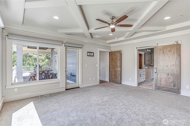 4942 Hurst Landing Rd, Rock Island, WA 98850 - unfurnished bedroom featuring light carpet, baseboards, coffered ceiling, access to outside, and recessed lighting