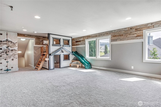 4942 Hurst Landing Rd, Rock Island, WA 98850 - recreation room with carpet, recessed lighting, and wooden walls