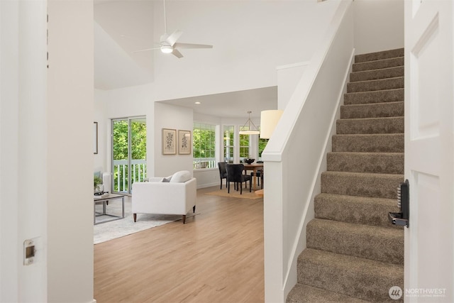 8021 NE Sandpiper Ln, Bainbridge Island, WA 98110 - staircase featuring wood finished floors, ceiling fan, baseboards, and a towering ceiling
