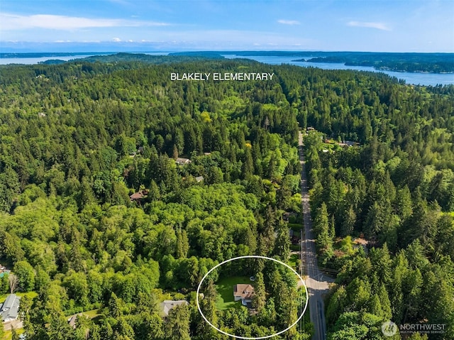 8021 NE Sandpiper Ln, Bainbridge Island, WA 98110 - aerial view of a forest and a nearby body of water