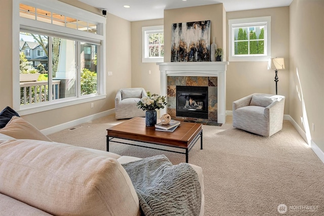 412 15th Ave, Kirkland, WA 98033 - living room with baseboards, carpet flooring, plenty of natural light, a fireplace, and recessed lighting