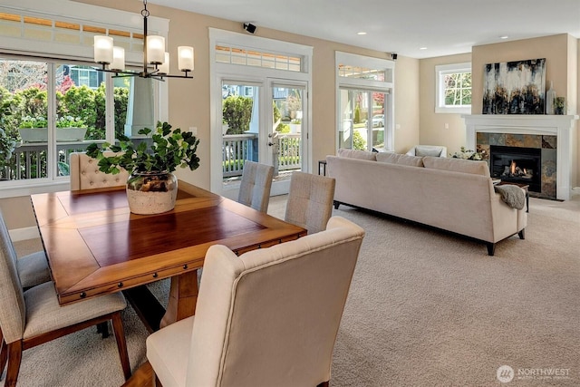 412 15th Ave, Kirkland, WA 98033 - dining room featuring a chandelier, a tile fireplace, carpet, and recessed lighting